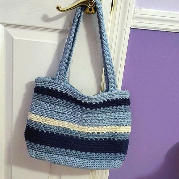 Lina Blue Striped Knitted Boho Beachy Medium/Large Satchel Bag - Picture 1 of 10